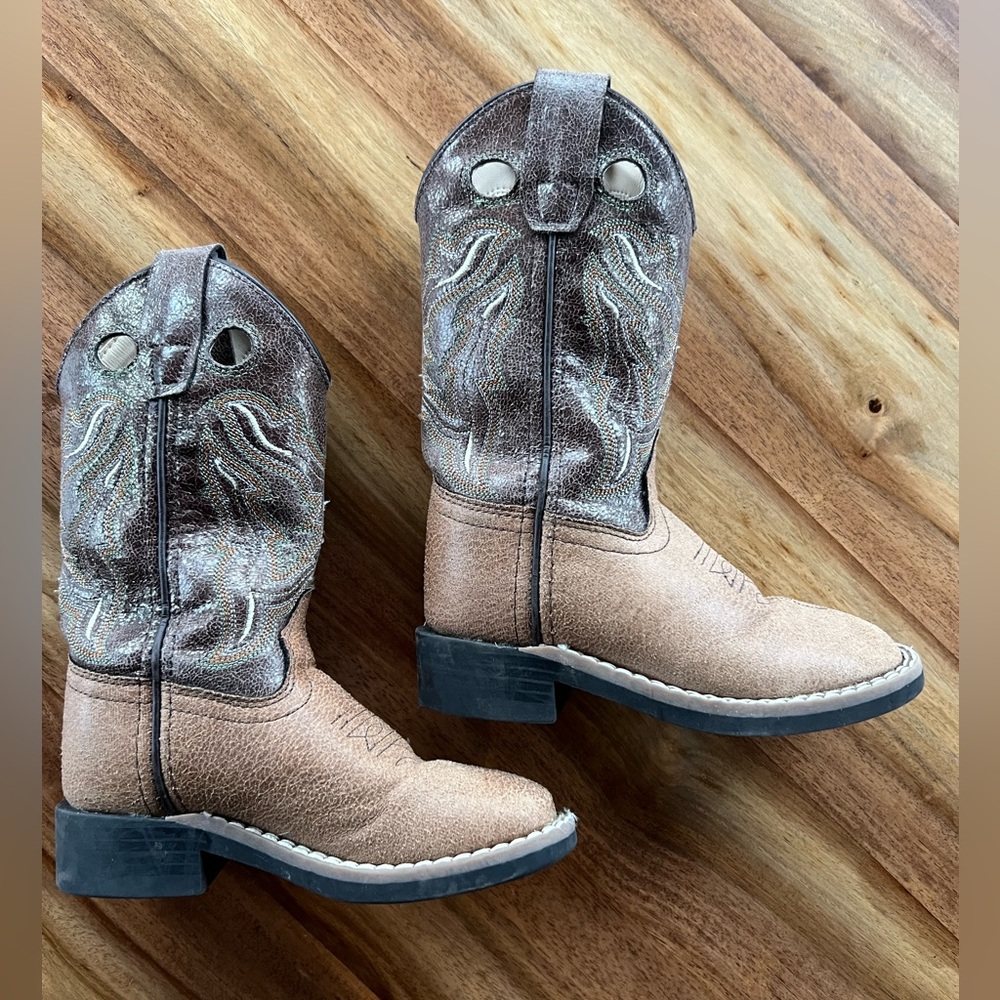 Old West Kids Cowboy Boots - Tan and Chocolate size 9D